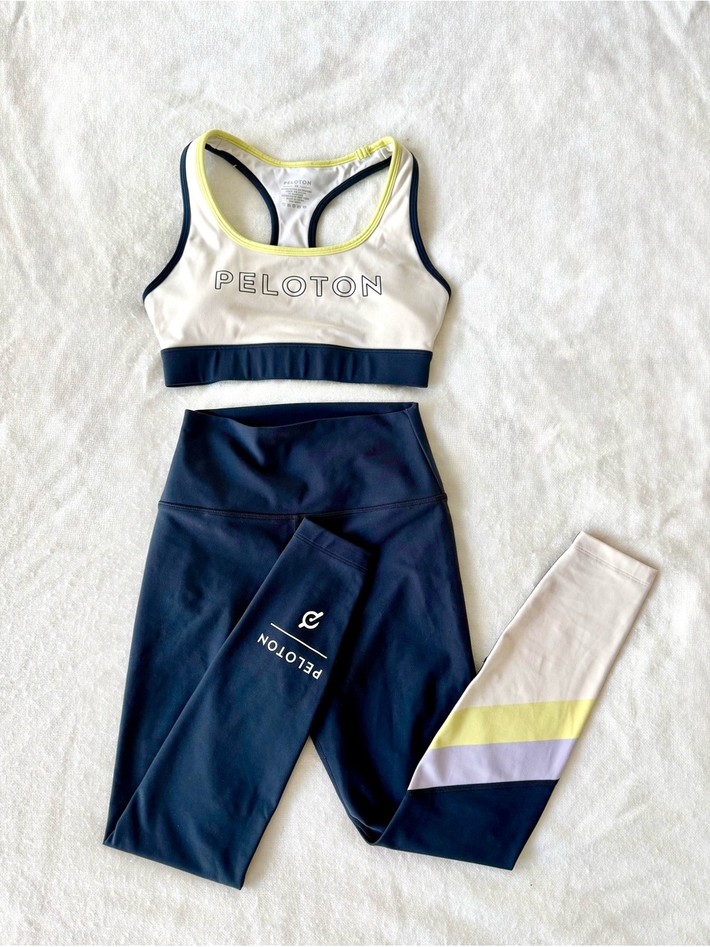 Peloton Cadent Bra & Legging Set Deep Navy Colorblock Neon Yellow Size XS